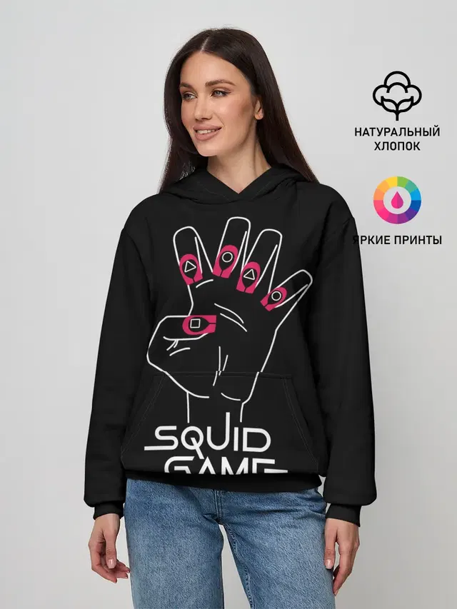 Женское худи с принтом «Игра в кальмара — Hand of player 001»