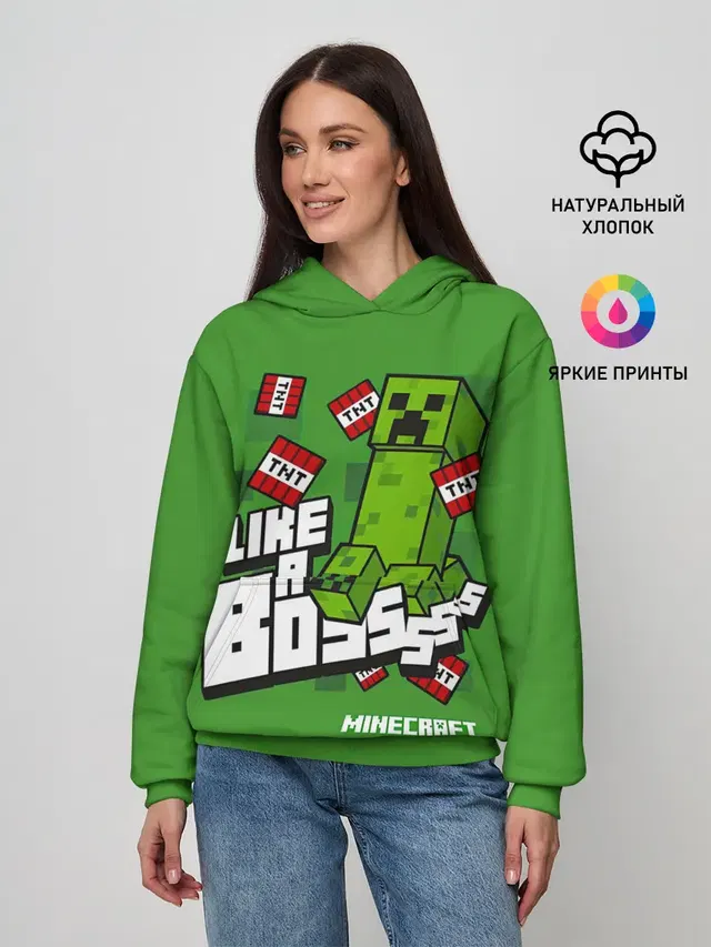 Женское худи с принтом «Майнкрафт — LIKE A BOSS Minecraft Creepe»