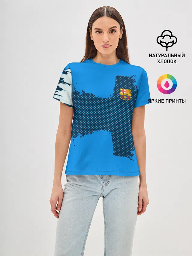 Женская базовая футболка с принтом «Барселона — BARCELONA SPORT BLUE»