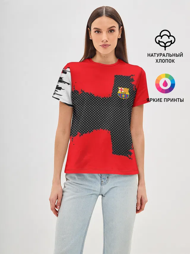 Женская базовая футболка с принтом «Барселона — BARCELONA SPORT RED»