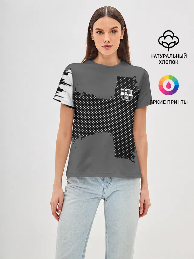Женская базовая футболка с принтом «Барселона — BARCELONA SPORT GRAY»