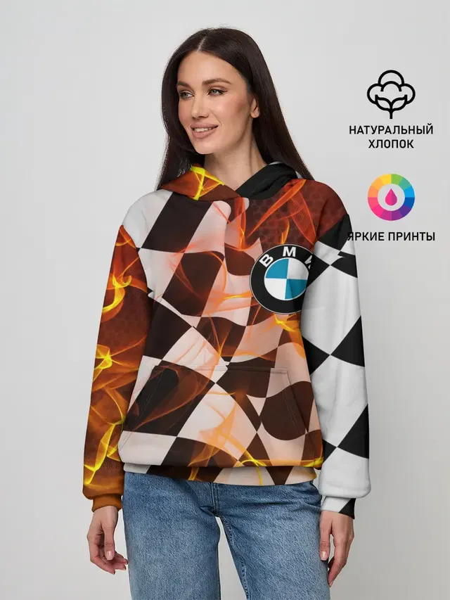 Женское худи с принтом «BMW — BMW RACING — FIRE RACING»