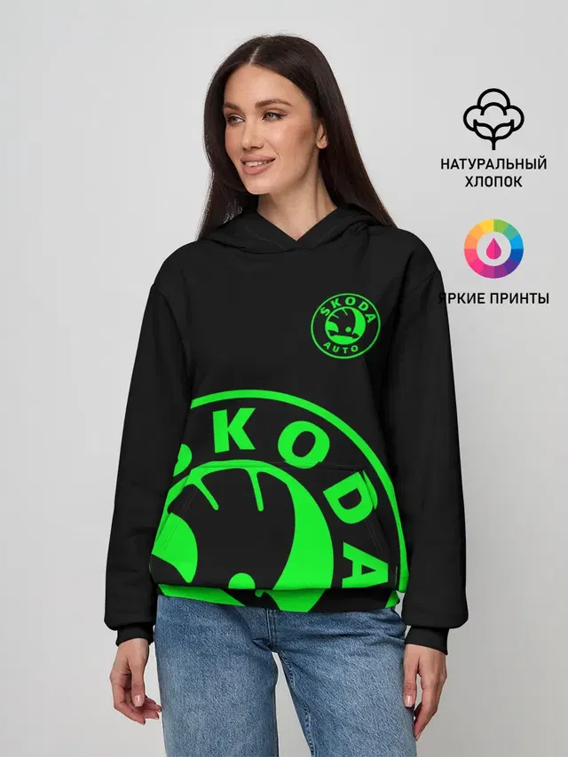 Женское худи с принтом «Skoda — SKODA GREEN LOGO BLACK STYLE»
