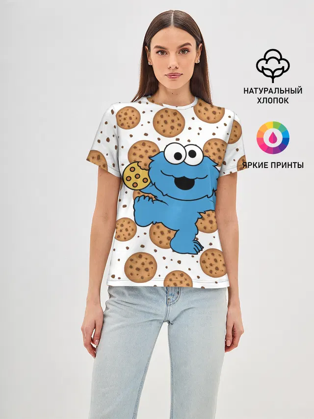Женская базовая футболка с принтом «Улица Сезам — Cookie monster»