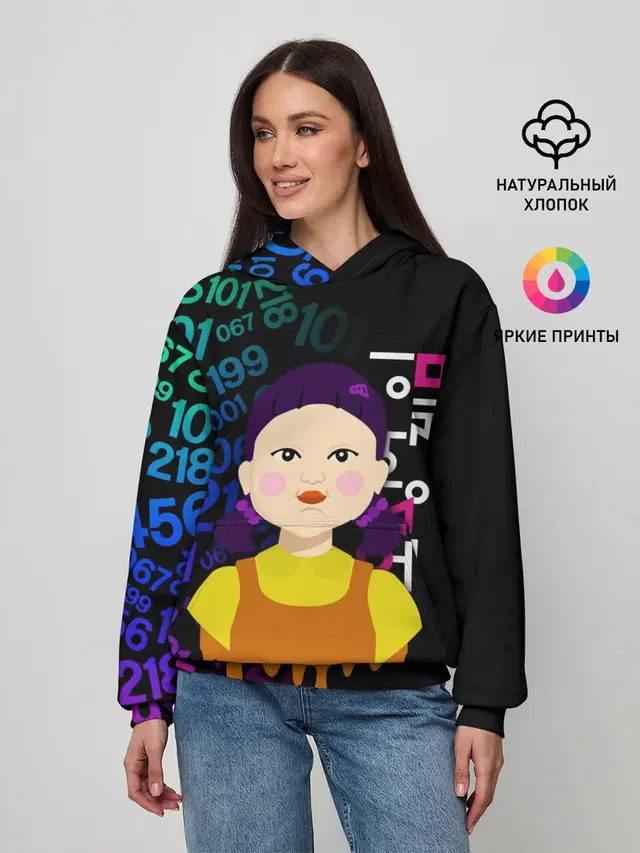 Женское худи с принтом «Игра в кальмара — КУКЛА — УЗОР»