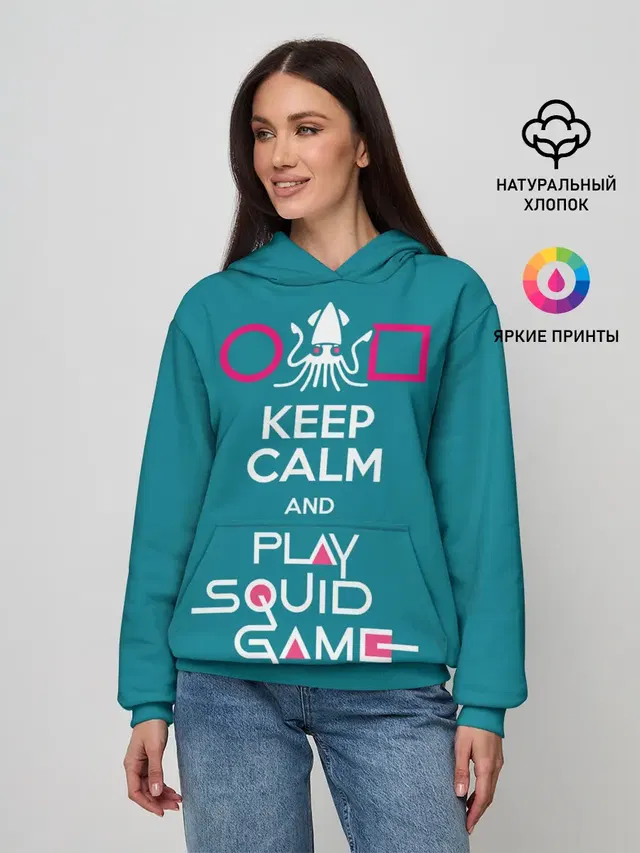 Женское худи с принтом «Игра в кальмара — Keep calm and play squid game»