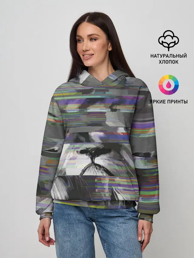 Женское худи с принтом «Крупные кошки — Glitch lion 2020»