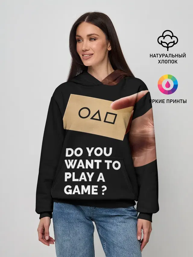 Женское худи с принтом «Игра в кальмара — Squid game: Do you want to play a game?»