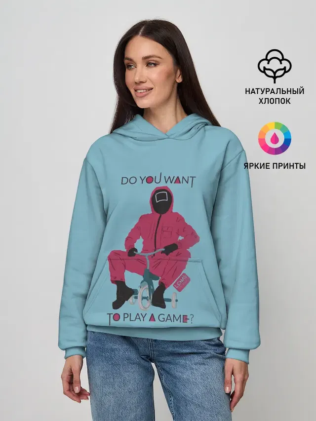 Женское худи с принтом «Игра в кальмара — ИГРА В КАЛЬМАРА DO YOU WANT TO PLAY A GAME?»