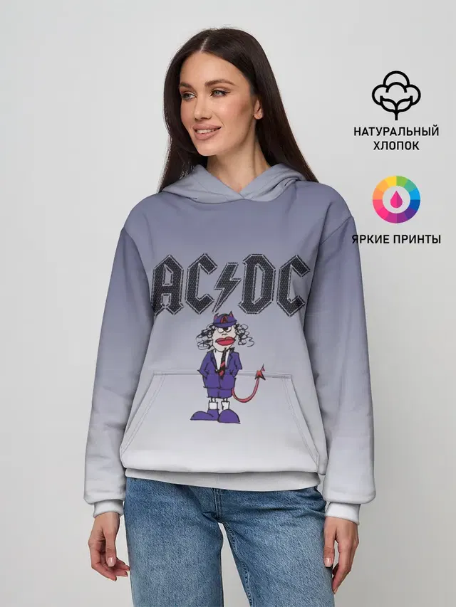 Женское худи с принтом «Ангус Янг чертик AC — Ангус Янг чертик AC/DC»
