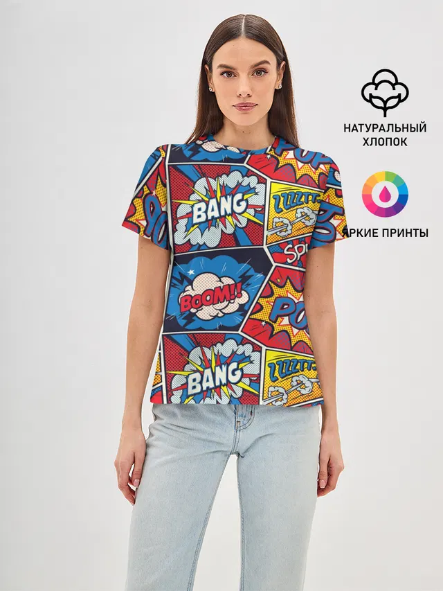 Женская базовая футболка с принтом «Pop Art — Pop art pattern»