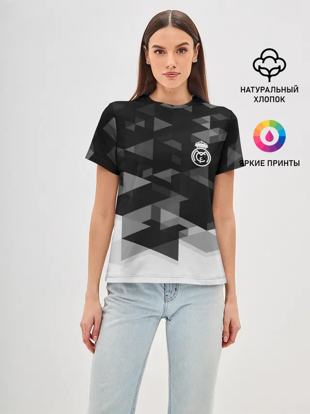 Женская базовая футболка с принтом «Реал Мадрид — Real Madrid Geometry Sport»