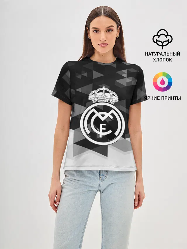 Женская базовая футболка с принтом «Реал Мадрид — FC Real Madrid sport geometry»