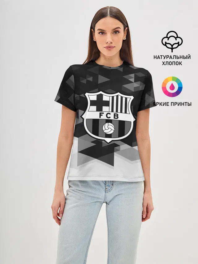 Женская базовая футболка с принтом «Барселона — FC Barcelona sport geometry»