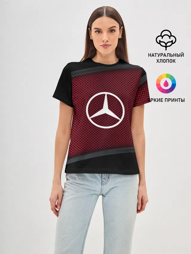 Женская базовая футболка с принтом «Car emblem — MERCEDES-BENZ SPORT»