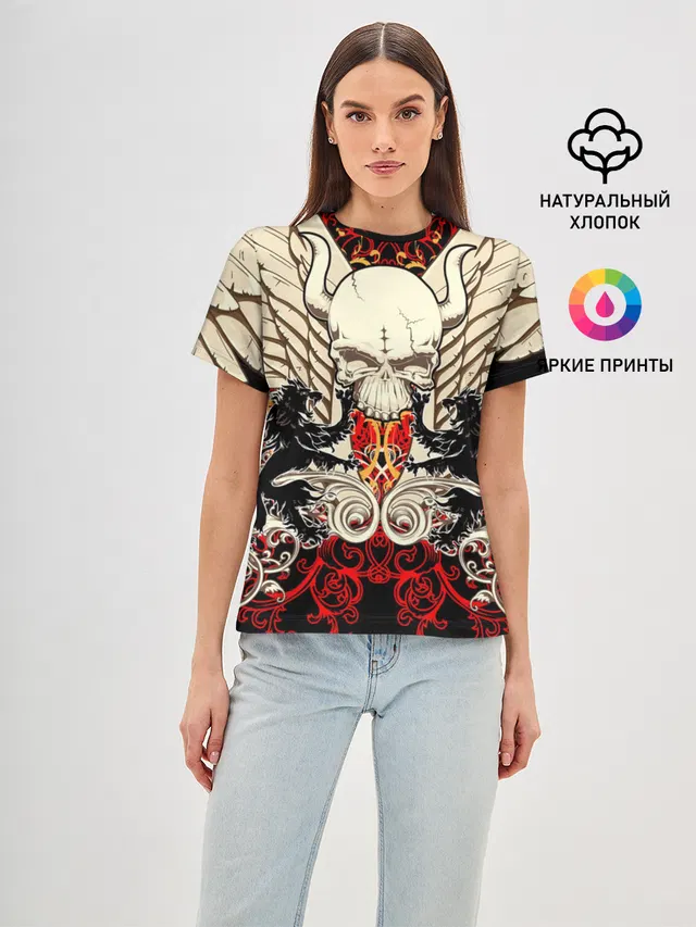 Женская базовая футболка с принтом «Vintage Skull Art v2»