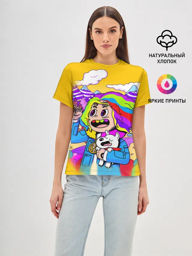 Женская базовая футболка с принтом «6IX9INE — 69 rainbow»