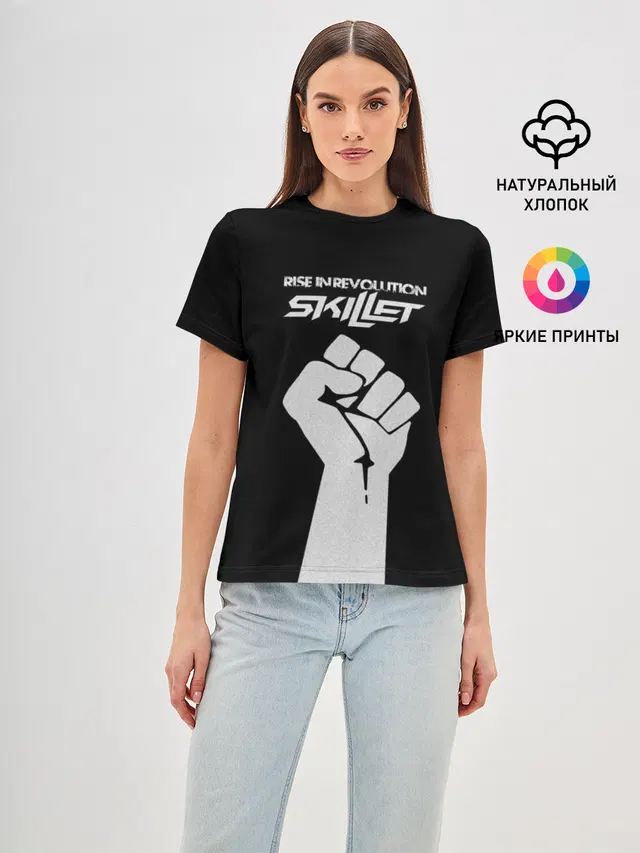 Женская базовая футболка с принтом «Rise in revolution - Skillet»