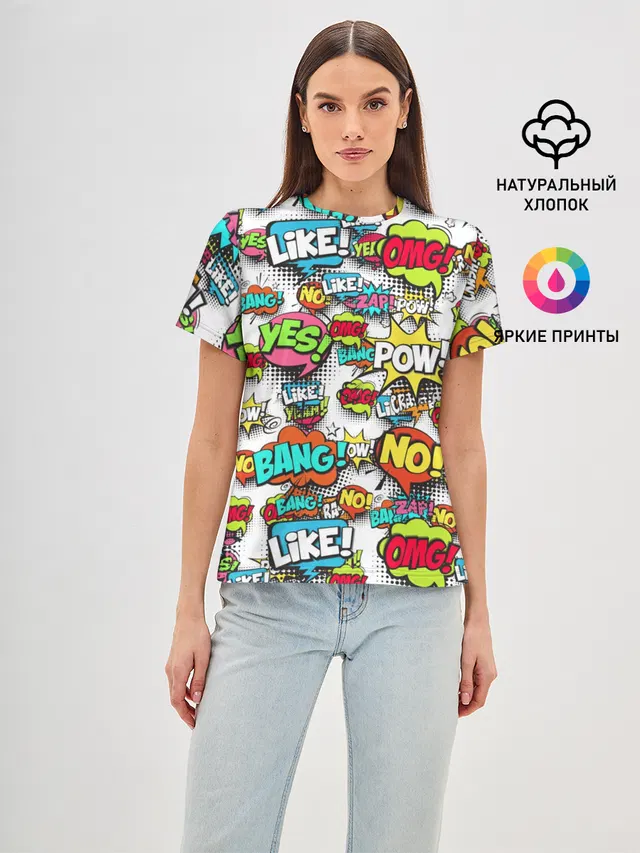 Женская базовая футболка с принтом «Модные — POP ART FASHION — ПОП АРТ»