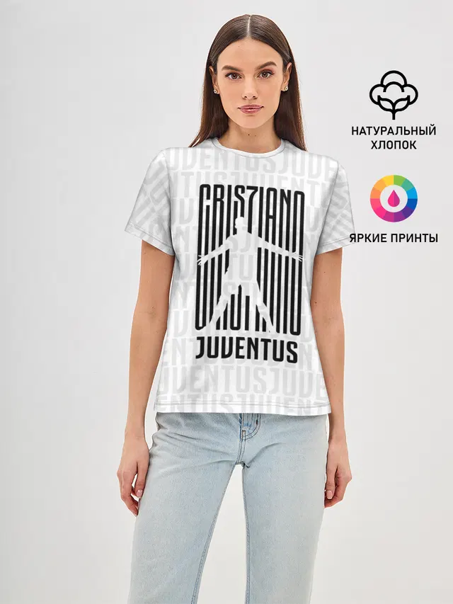 Женская базовая футболка с принтом «Криштиану Роналду — RONALDO JUVE SPORT»
