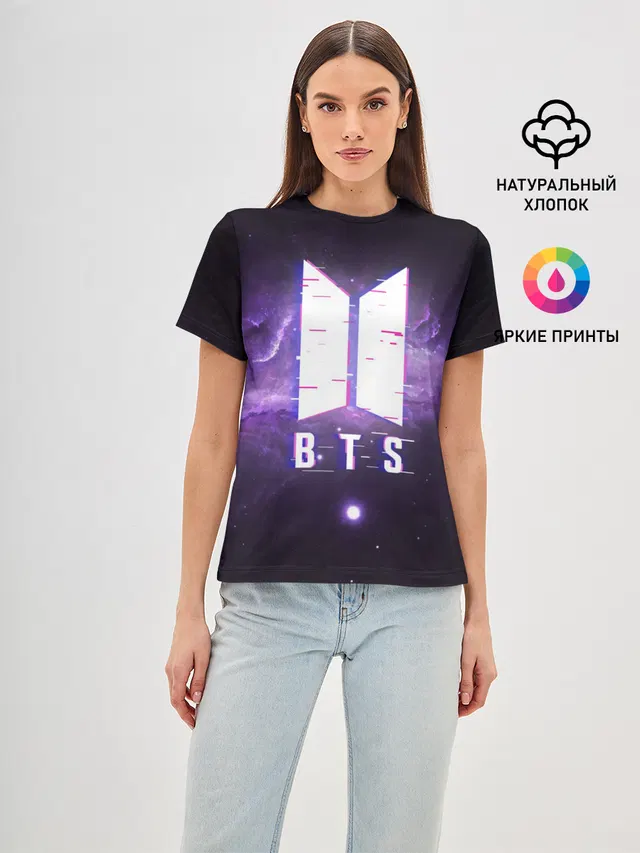 Женская базовая футболка с принтом «BTS Spacе 3D — БТС КОСМОС»