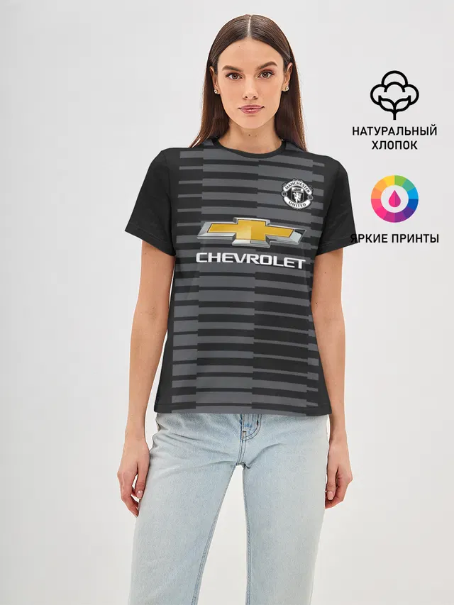 Женская базовая футболка с принтом «Манчестер Юнайтед — De Hea away 18-19»