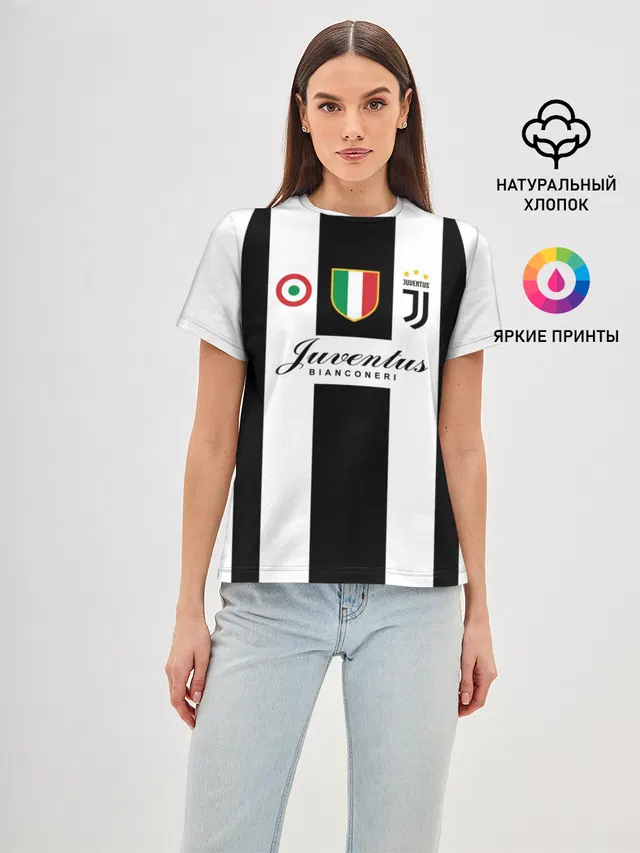 Женская базовая футболка с принтом «Ювентус — JUVENTUS BIANCONERI»