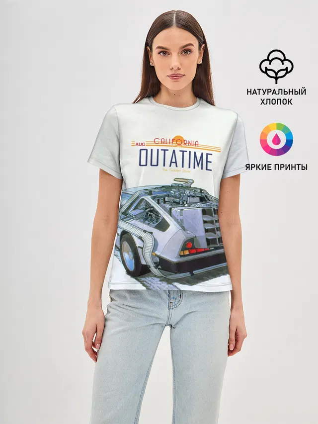 Женская базовая футболка с принтом «Retro — De Lorean Outatime»