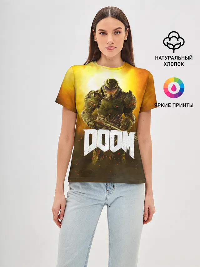 Женская базовая футболка с принтом «Дум — DOOM 2016»