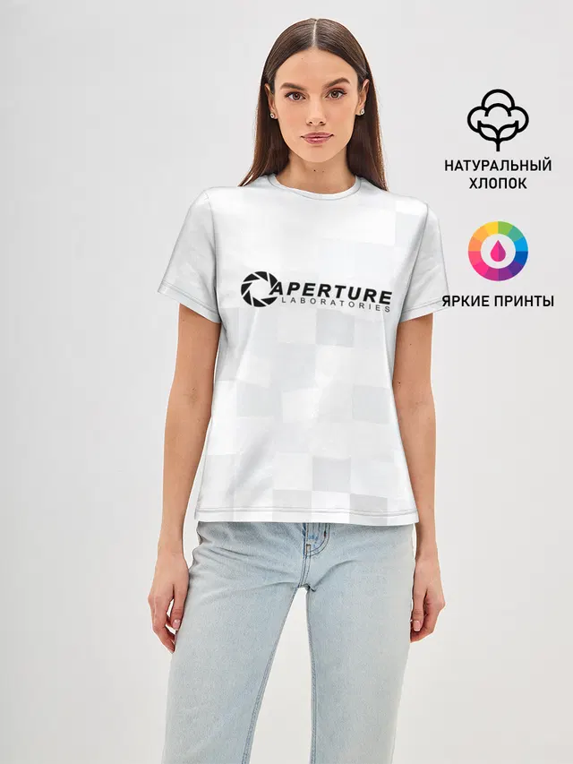 Женская базовая футболка с принтом «Portal — Aperture Labs»