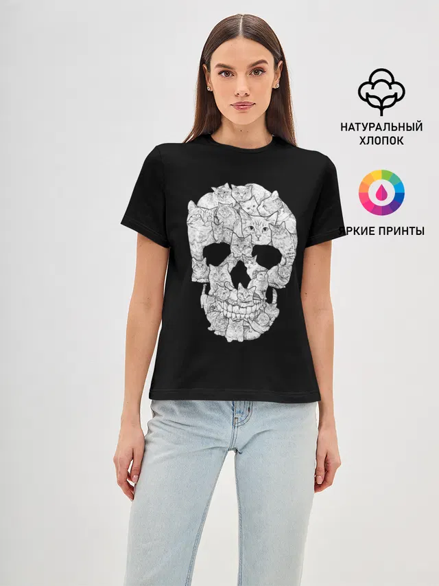 Женская базовая футболка с принтом «Черепа — Sketchy Cat Skull»