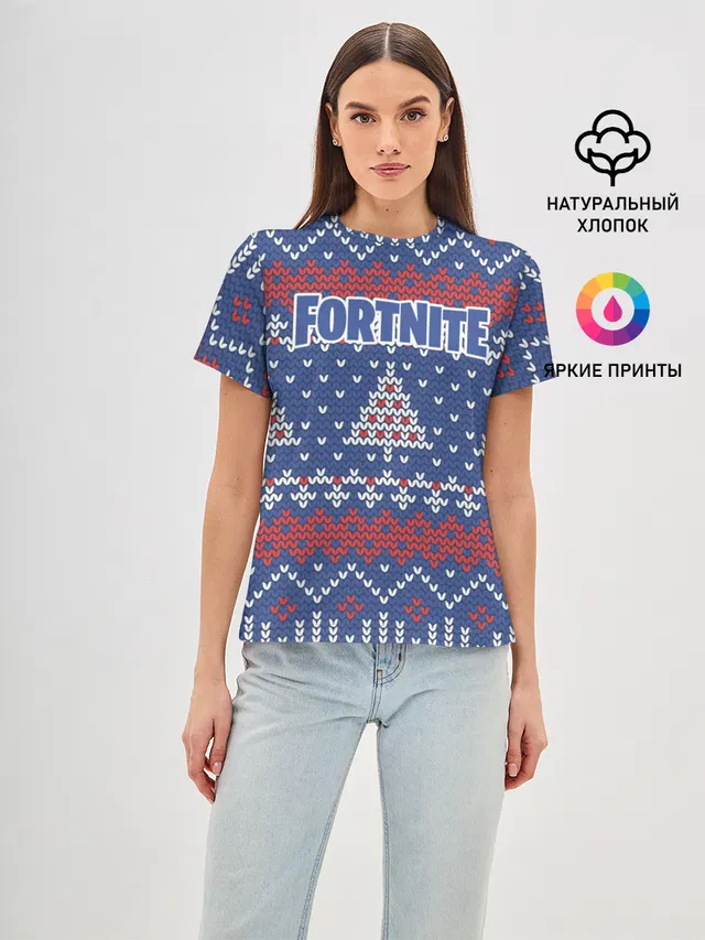 Женская базовая футболка с принтом «Фортнайт — НОВОГОДНИЙ FORTNITE»