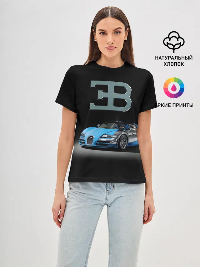 Женская базовая футболка с принтом «Разные автомобильные — Bugatti»