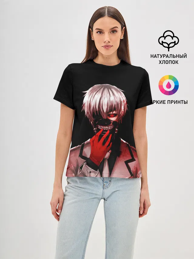 Женская базовая футболка с принтом «Токийский Гуль — Ken Kaneki в крови»