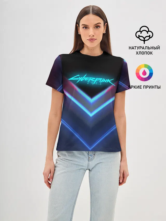Женская базовая футболка с принтом «Cyberpunk 2077 — CYBERPUNK 2077 NEON — НЕОН»