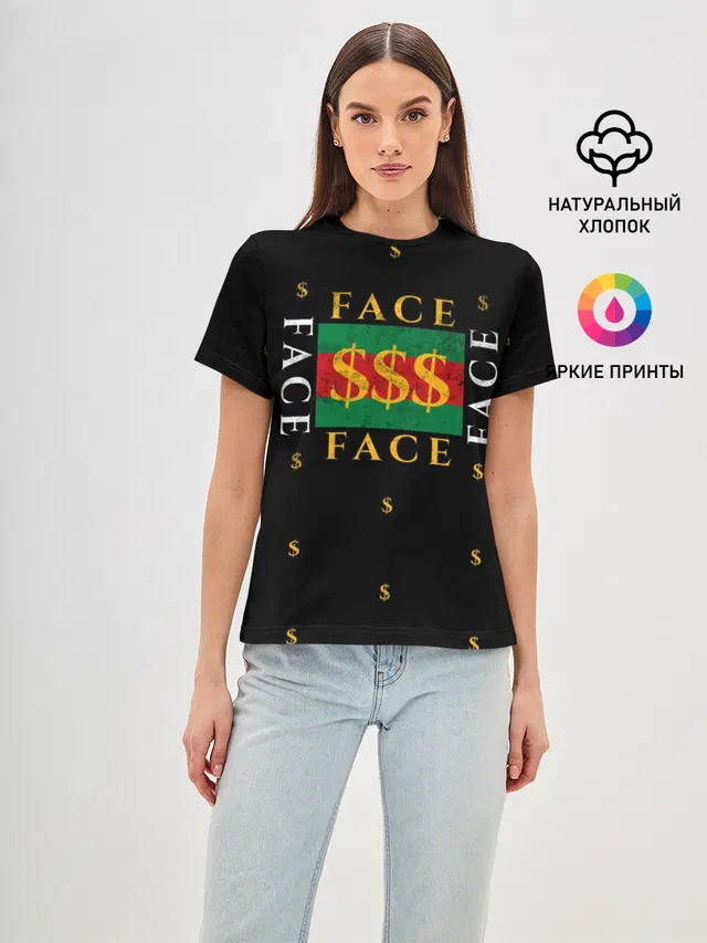 Женская базовая футболка с принтом «Face — FACE GG Style»
