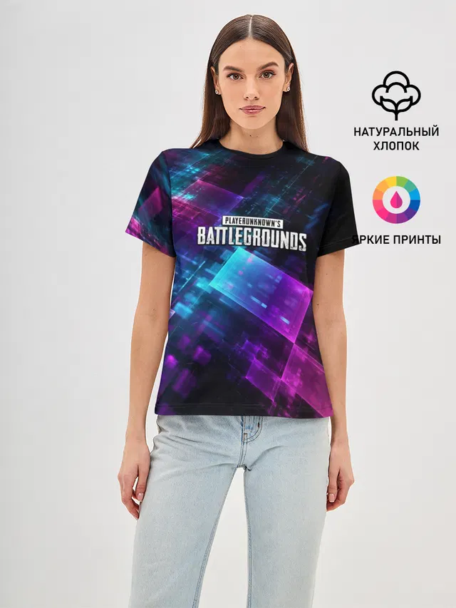 Женская базовая футболка с принтом «ПАБГ — Pubg neon style 2019»