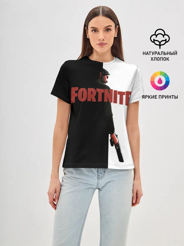 Женская базовая футболка с принтом «Фортнайт — The Reaper Half Black Fortnite»