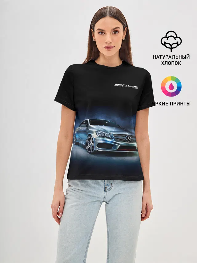 Женская базовая футболка с принтом «Merсedes — Mercedes AMG»