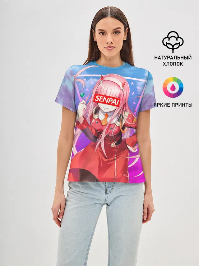 Женская базовая футболка с принтом «Anime Senpai Girl — Anime Senpai Girl pink»