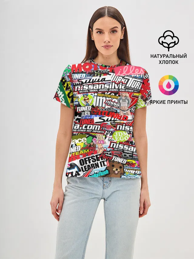 Женская базовая футболка с принтом «Cars Stickerbombing»