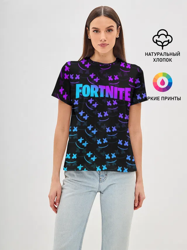 Женская базовая футболка с принтом «Фортнайт — FORTNITE MARSHMELLO NEON»