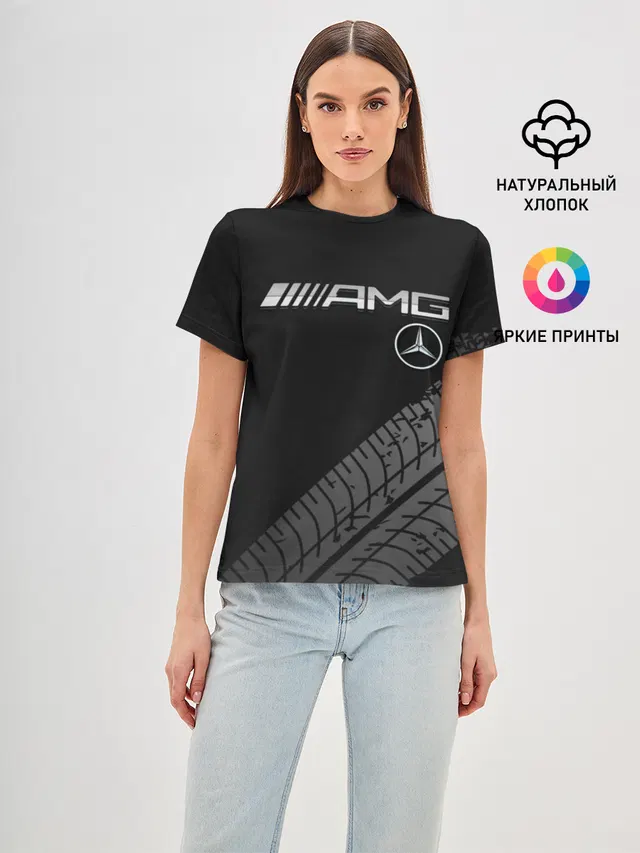 Женская базовая футболка с принтом «Mercedes-AMG — Mercedes»