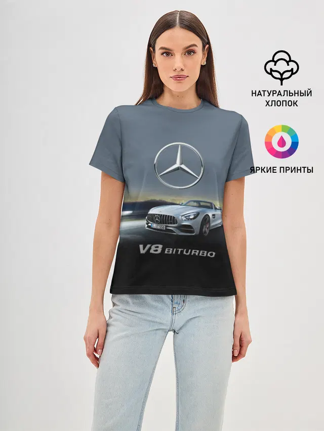 Женская базовая футболка с принтом «V8 Biturbo»