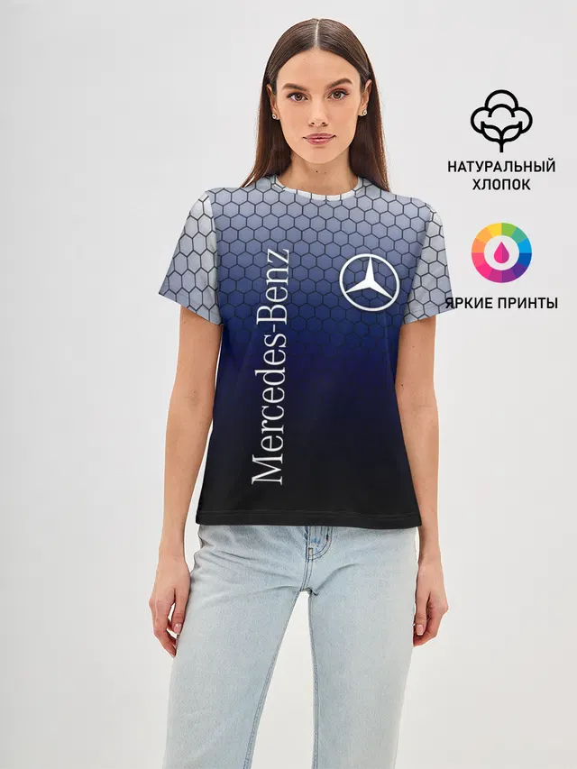 Женская базовая футболка с принтом «Merсedes — MERCEDES»