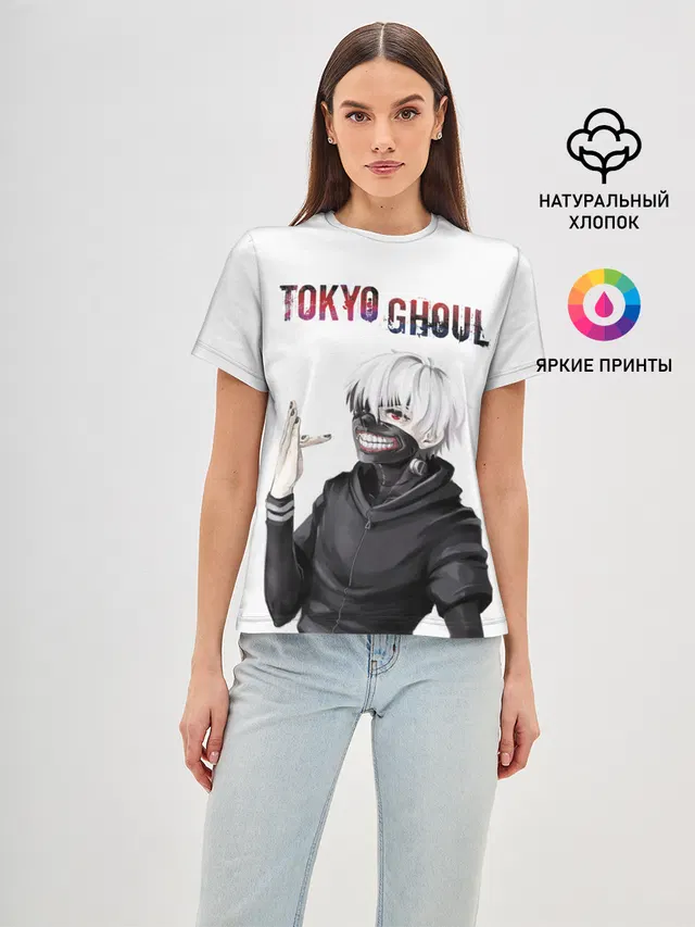 Женская базовая футболка с принтом «Токийский Гуль — Kaneki Ken в профиль»