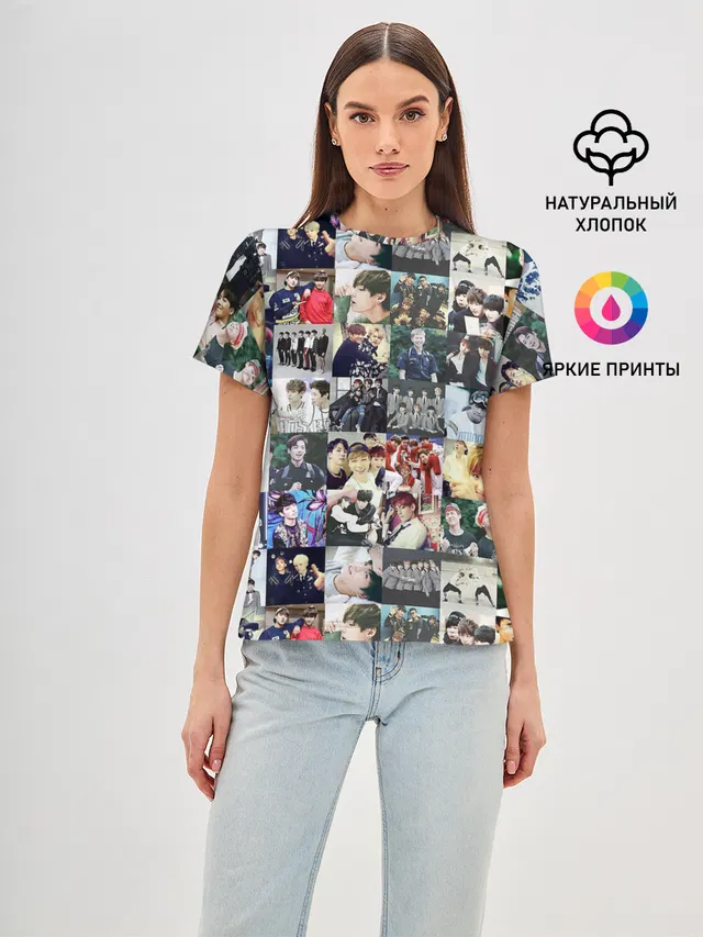 Женская базовая футболка с принтом «Collage — BTS Collage»