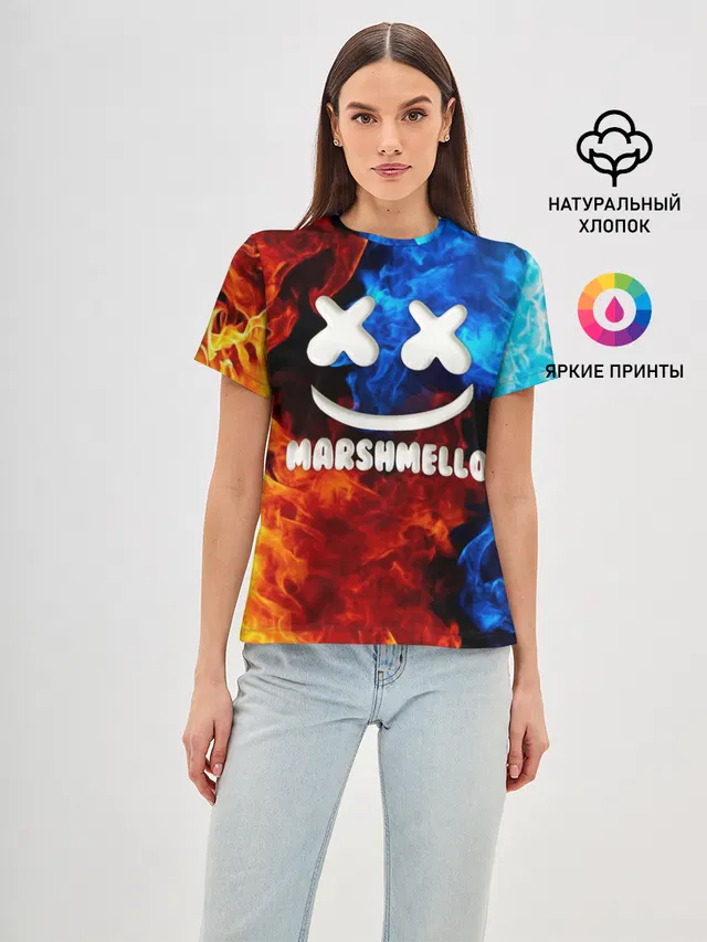 Женская базовая футболка с принтом «Marshmello Fire»