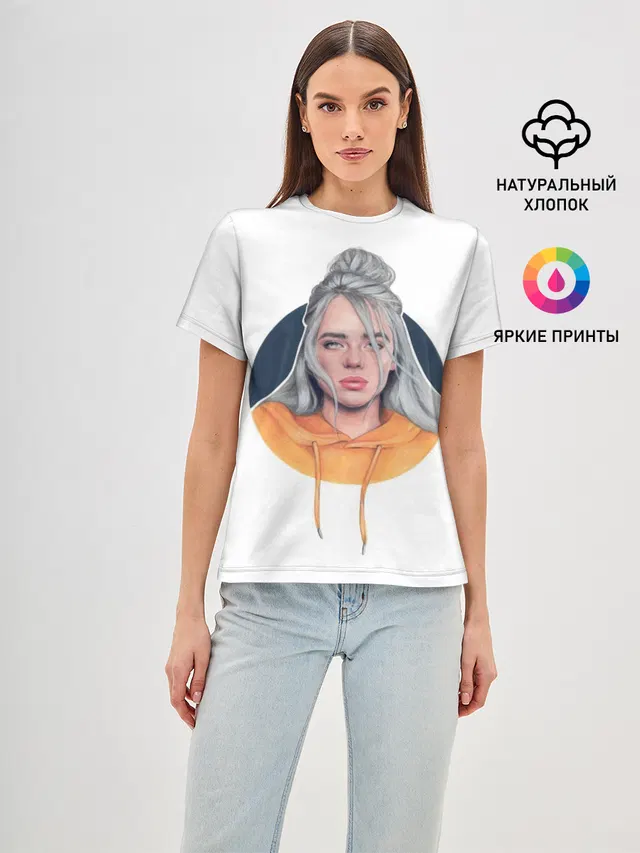 Женская базовая футболка с принтом «Billie Eilish — Billie Eilish art 1»