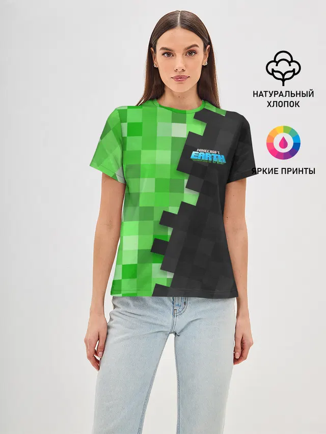 Женская базовая футболка с принтом «Майнкрафт — Minecraft EARTH»